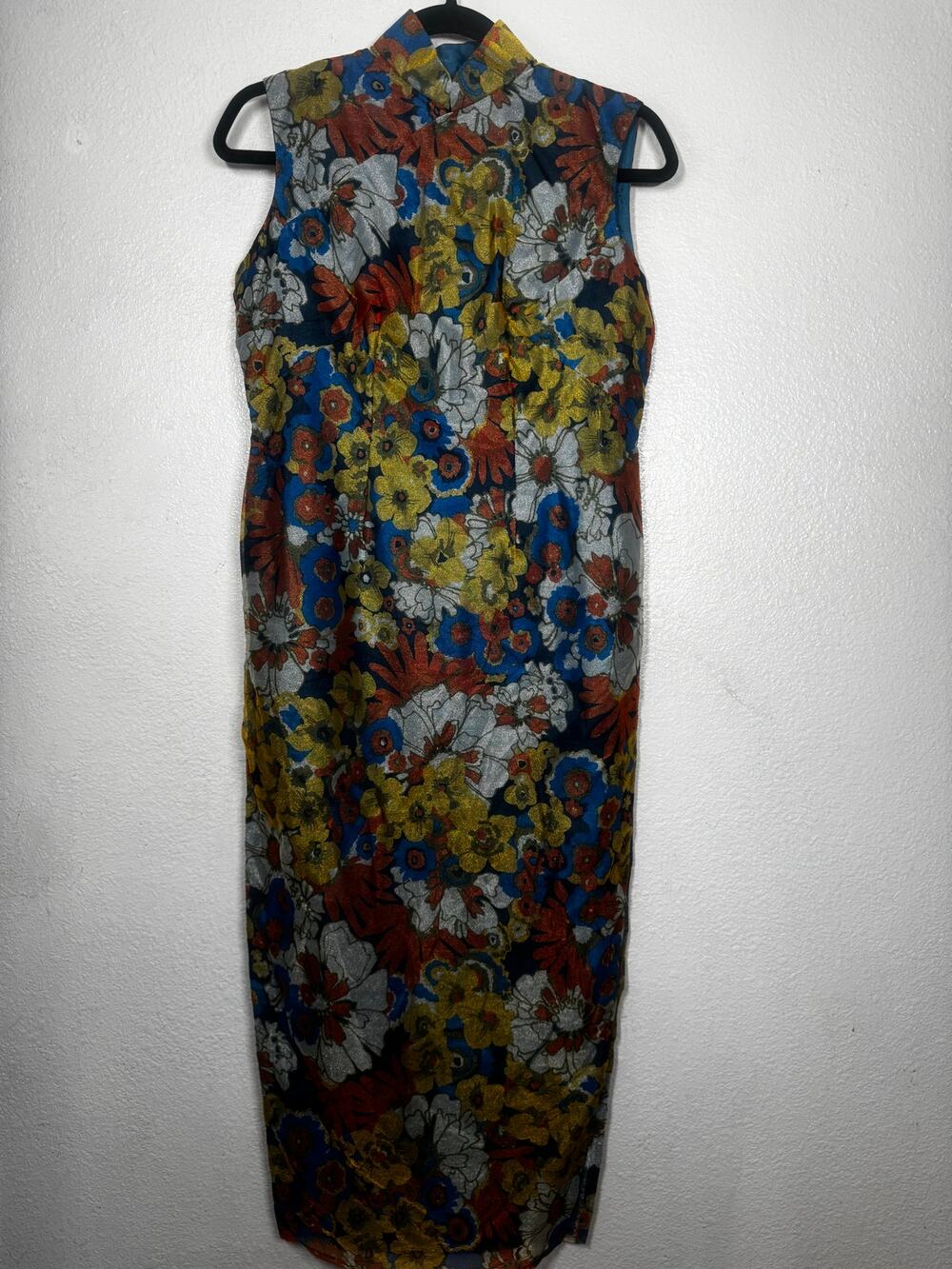 Vintage Unbranded Midi Dress Blue Yellow Floral Side Zip Sleeveless Sz M